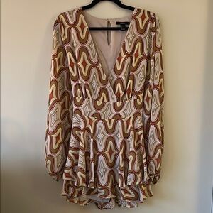 Forever 21 Brown and Cream Bishop Sleeve Romper with built in shorts